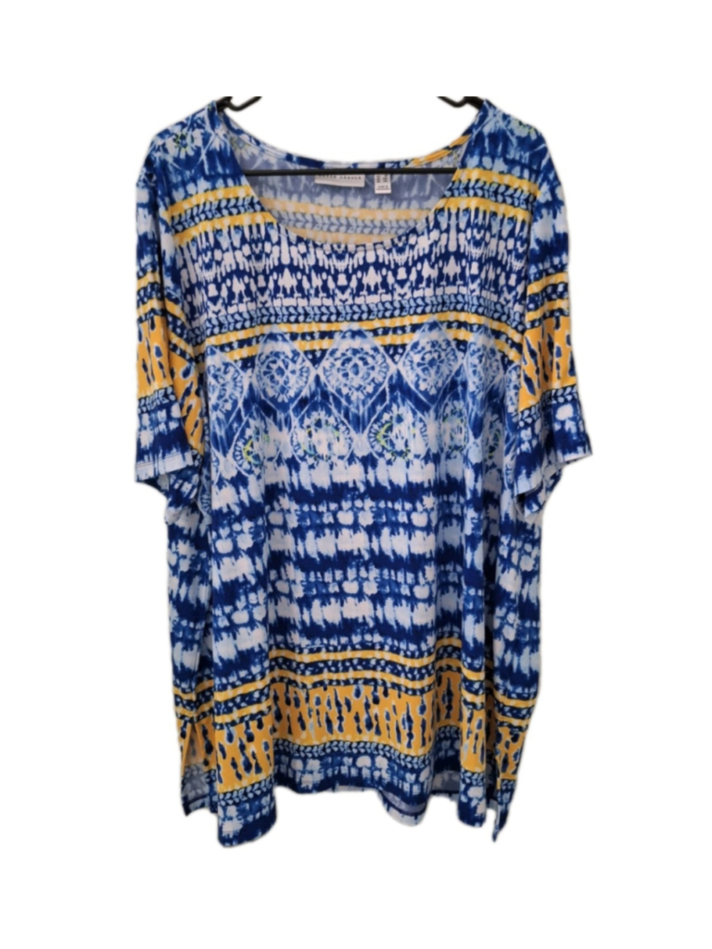 Susan Graver Liquid Knit Blouse Womens Plus Size 3X Blue Yellow Tie Dye 3XL